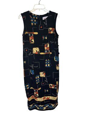Vtg Womens Black Midi Dress Abstract Floral Print Shift 90s Sleeveless Rayon